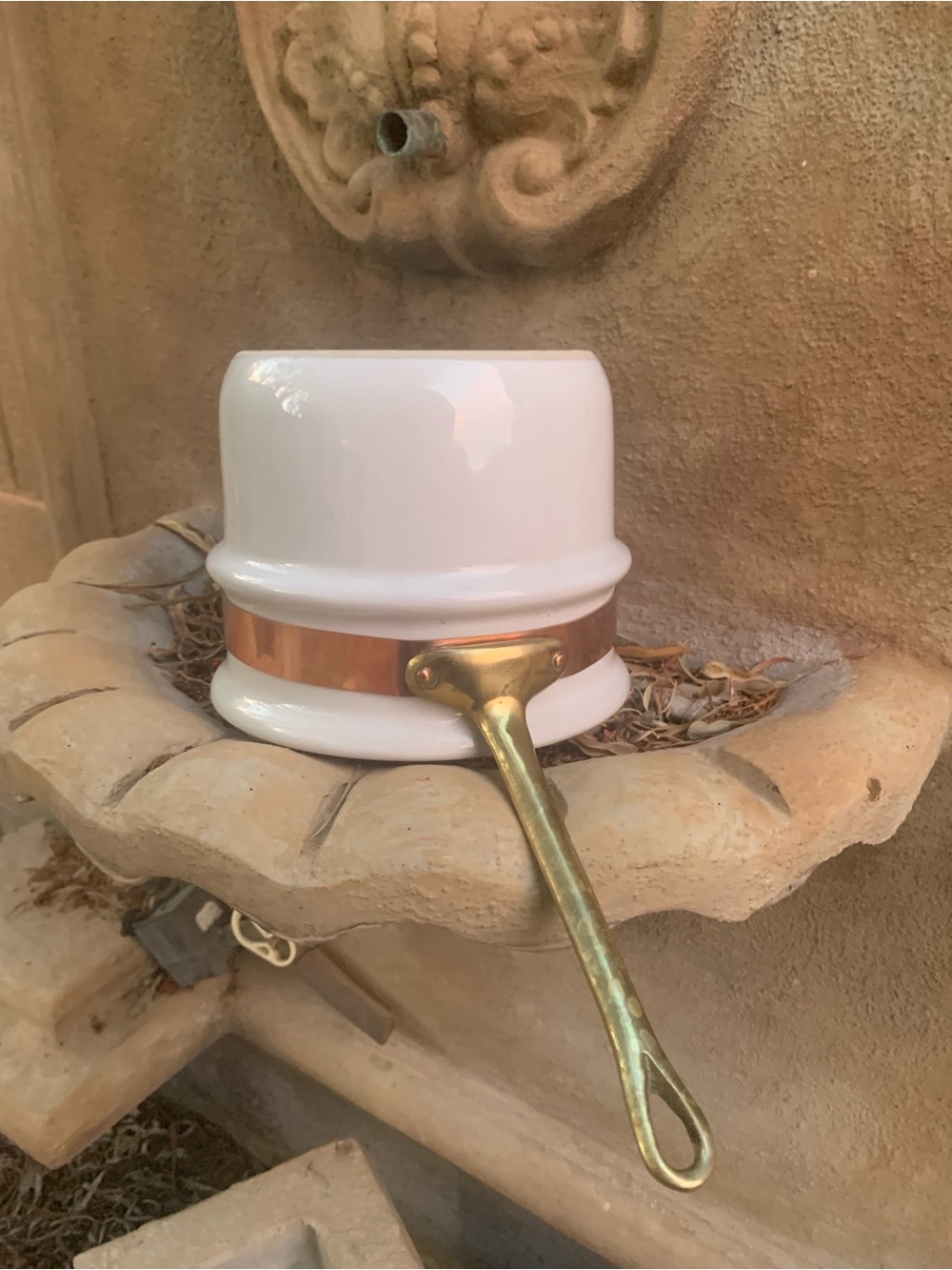 Vintage White Ceramic Saucepan with Brass Handle and Copper Accent